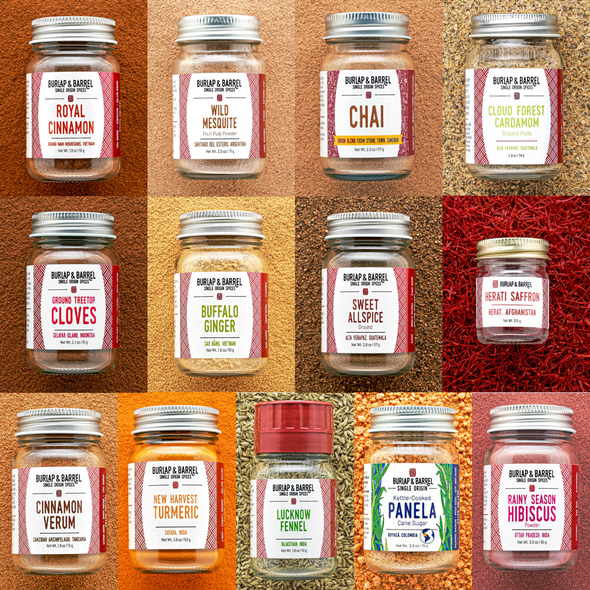 Collection of 13 Burlap & Barrel spice jars on a textured brown background