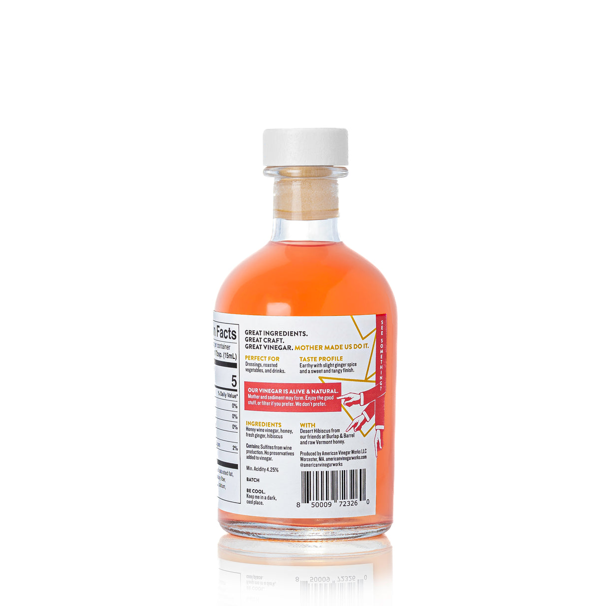 The back of a bottle of Honey Hibiscus Vinegar on a white background.