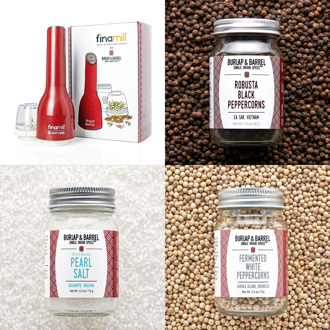A red Finamill spice grinder with its packaging, displaying the product name and features, alongside three glass jars of spices.
