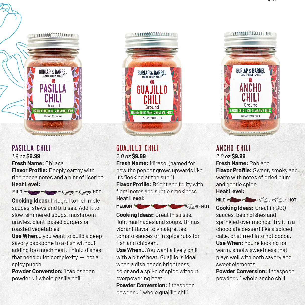 Three jars of ground Mexican chili powder with labels on a white background from Burlap & Barrel