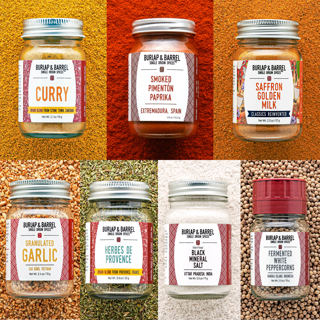 Collage of Burlap & Barrel spice jars with labels on a textured background
