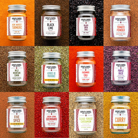 Grid of various jars with labels on a textured brown background