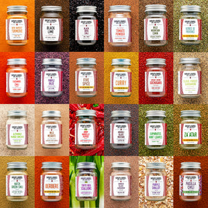 Grid of various jars with labels on a textured background