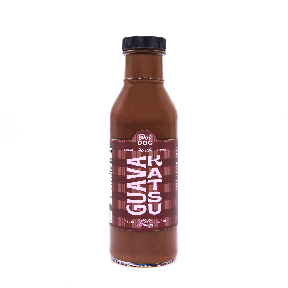 Bottle of Guava Katsu Sauce with a red label on a white background