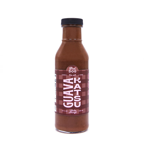 Bottle of Guava Katsu Sauce with a red label on a white background