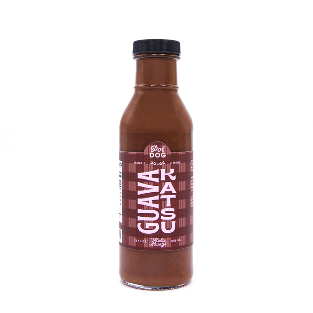 Bottle of Guava Katsu Sauce with a red label on a white background