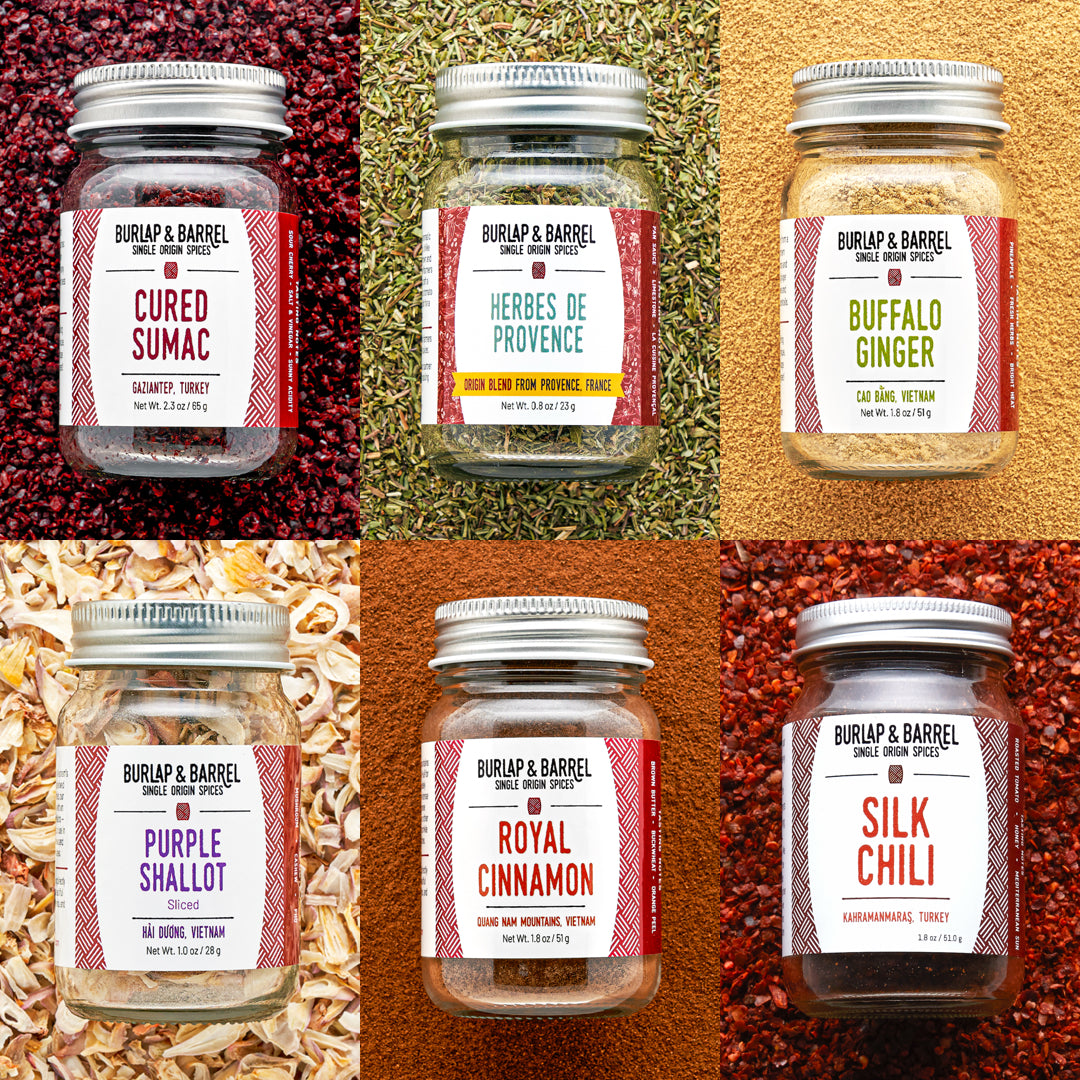 The Spring Essentials 6-Spice Collection with Cured SUmac, Herbes de Provence, Buffalo Ginger, Purple Shallot Slices, Royal CInnamon, Silk Chili from Burlap & Barrel