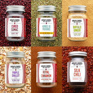 The Spring Essentials 6-Spice Collection with Cured SUmac, Herbes de Provence, Buffalo Ginger, Purple Shallot Slices, Royal CInnamon, Silk Chili from Burlap & Barrel