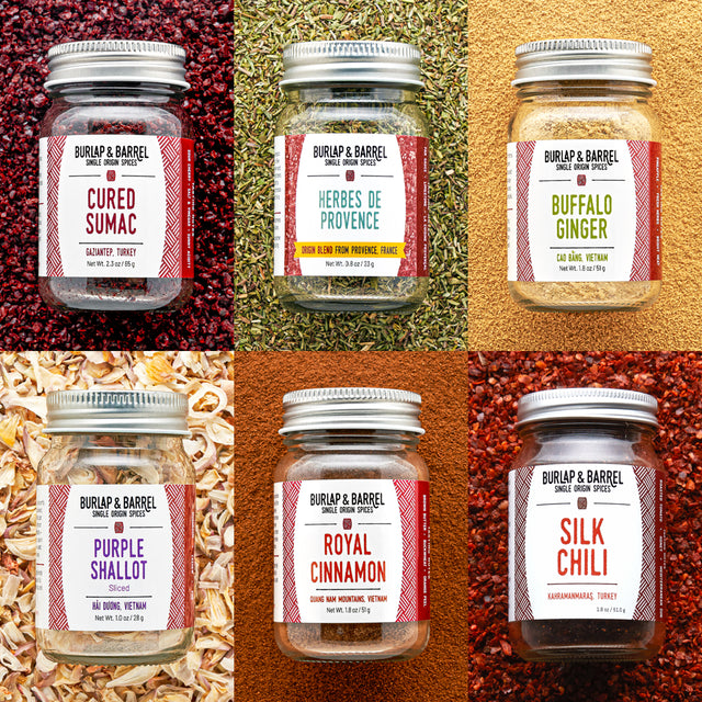 The Spring Essentials 6-Spice Collection with Cured SUmac, Herbes de Provence, Buffalo Ginger, Purple Shallot Slices, Royal CInnamon, Silk Chili from Burlap & Barrel
